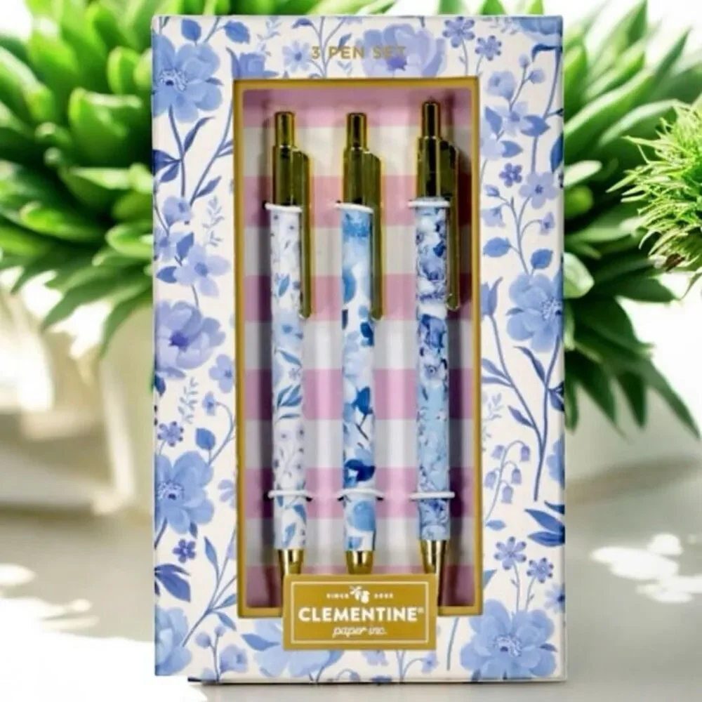 NWT Gorgeous Clementine set of 3 Floral Blue & Gold Pens with Black Ink Gift Set